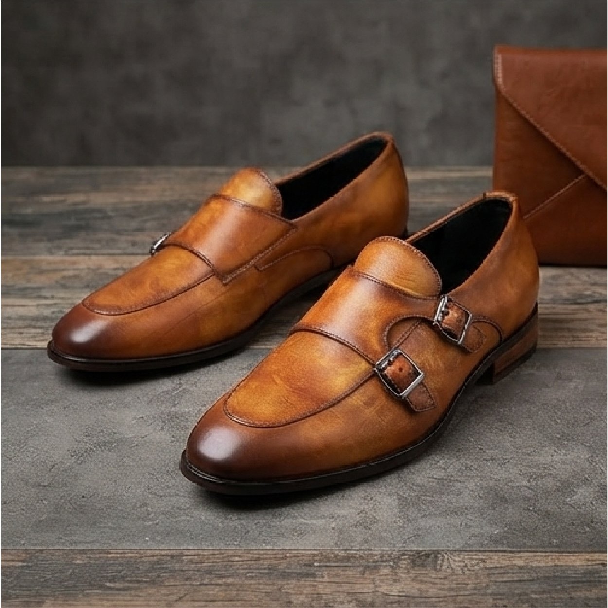 001-126 El Paso Classic Double-Buckle Loafers-Tan Burnished - Image 1