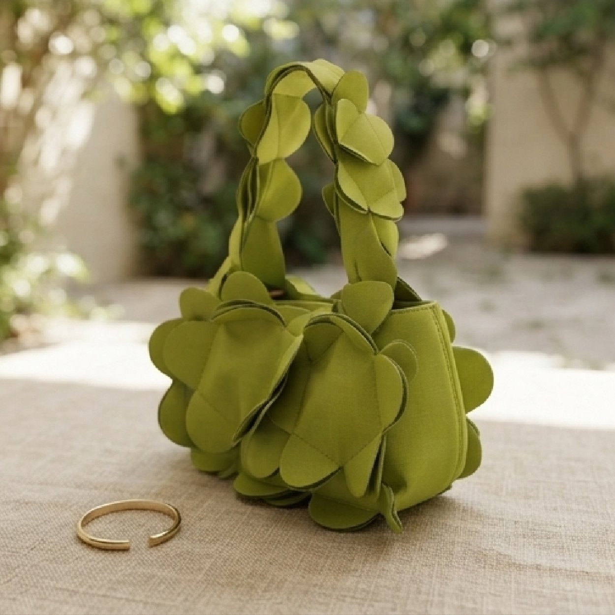 001-57 Petal-Layered Floral Tote-Lime Green - Image 1