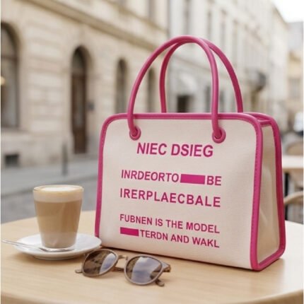 Vibrant Graphic Canvas Tote-Cream with Hot Pink Accents