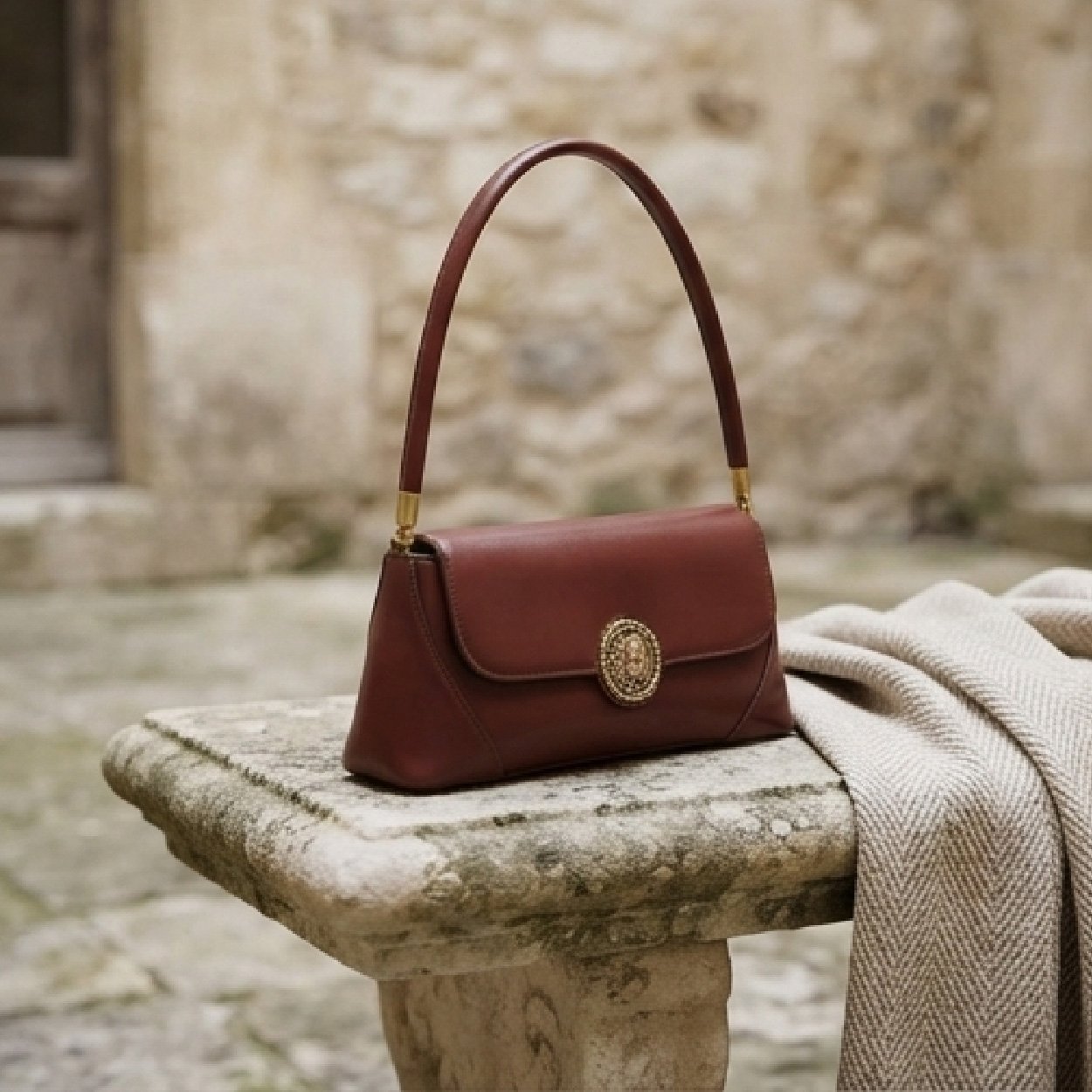 03-03 Vintage-Inspired Medallion Shoulder Bag-Deep Burgundy - Image 1