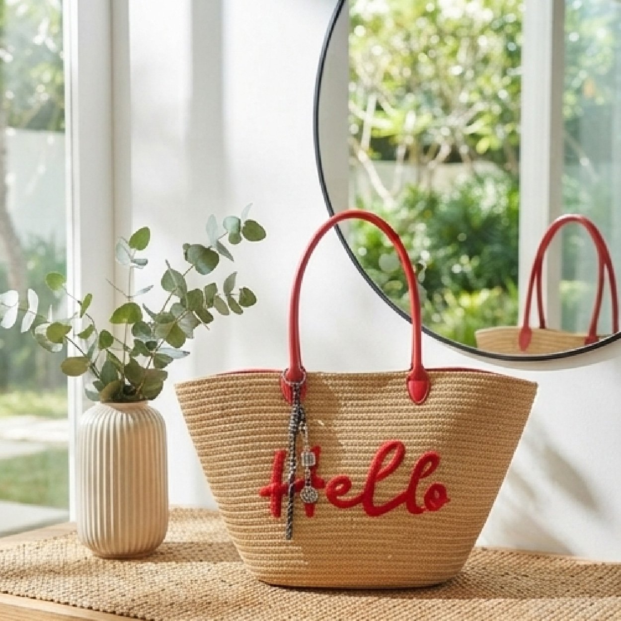 03-10 Hello Straw Summer Tote-Natural Straw with Red Accents - Image 1