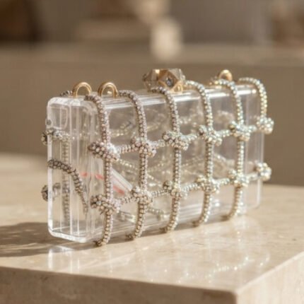 Crystal-Grid Lucite Evening Clutch-Clear Lucite with Silver Crystal Accents