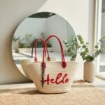 Hello Straw Summer Tote-Natural Off-White with Red Accents