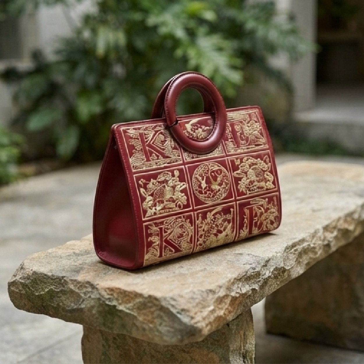03.1-27 Embroidered Heritage Satchel-Deep Burgundy with Gold Embroidery - Image 1