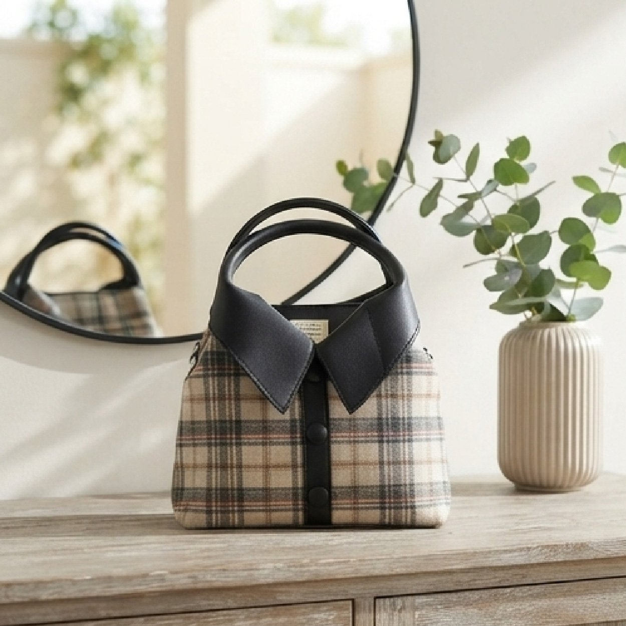 03.1-28 Tailored Plaid Collared Handbag-Classic Plaid with Black Accents - Image 1