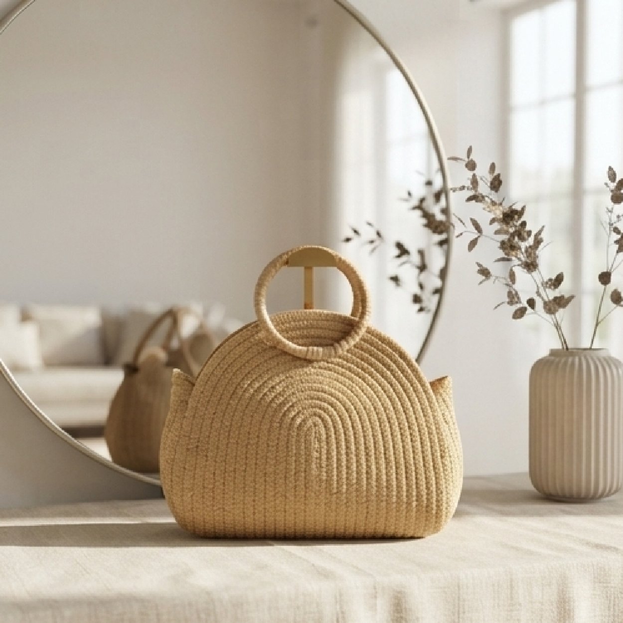 06-49-22 Textured Woven Arch Tote-Natural Straw - Image 1